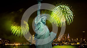 July 4th Independence day fireworks show with skyline over Hudson River