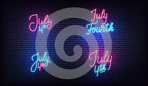 July 4th neon set. USA Independence Day glowing lettering sign