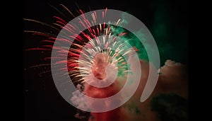 July 4th party igniting explosive firework display, vibrant colors glowing generated by AI