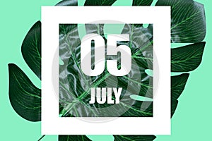 july 5th. Day 5 of month,Date text in white frame against tropical monstera leaf on green background summer month, day