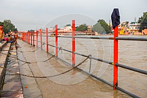 July 8th 2022 Haridwar India. Chains and Iron barricading at the ghats or banks of river Ganges for public safety during bathing