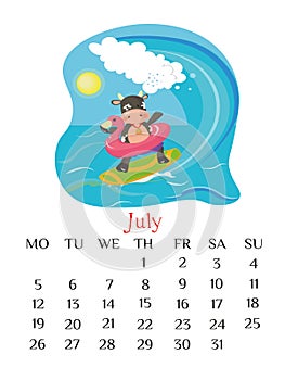 July calendar page 2021 with bull riding on wave. Summer outdoor scene.
