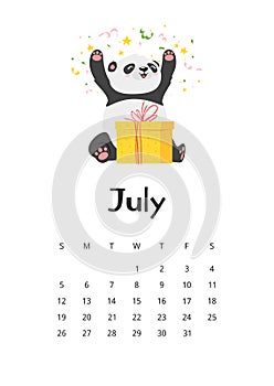 July calendar with panda template