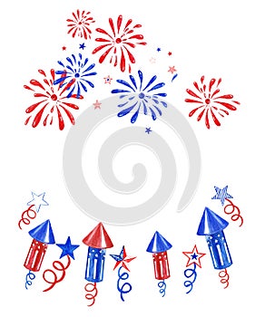 July Fourth banner with fireworks and salutes on white background. Festive independence day illustration ,white, red and blue