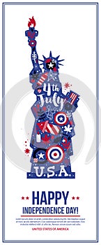 4 July Independence Day banner template with illustration of Statue of Liberty. Patriotic symbols and abstract elements