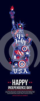 4 July Independence Day banner template with illustration of Statue of Liberty. Patriotic symbols and abstract elements