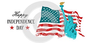 July 4 independence Day. Vector poster, greeting card. Statue of liberty with a torch in his hand on the background of the