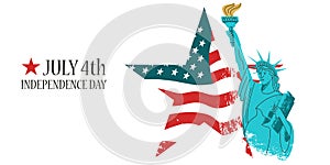 July 4 independence Day. Vector poster, greeting card. Statue of liberty with a torch in his hand on the background of the