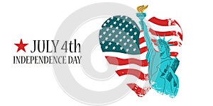 July 4 independence Day. Vector poster, greeting card. Statue of liberty with a torch in his hand on the background of the