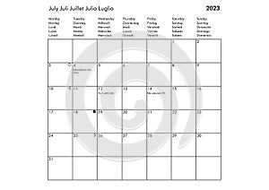 July Multilingual year 2023 calendar