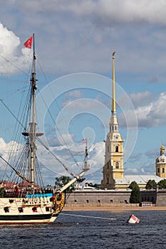 July 21, 2021, Russia, St. Petersburg. view of the Ship-Museum Poltavaand the Peter and Paul Fortress.