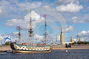 July 21, 2021, Russia, St. Petersburg. view of the Ship-Museum Poltavaand the Peter and Paul Fortress.