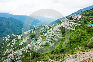 July 19th 2022 Himachal Pradesh India. Farmers in Himachal using anti-hail nets to protect apple groves or an orchard. Step hill