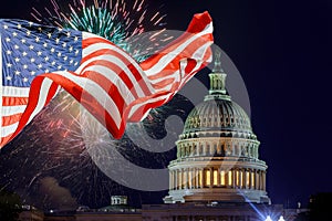 July 4th Independence day show cheerful fireworks display on the U.S. Capitol Building in Washington DC USA with American flag