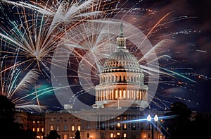 July 4th Independence day show cheerful fireworks display on the U.S. Capitol Building in Washington DC USA photo