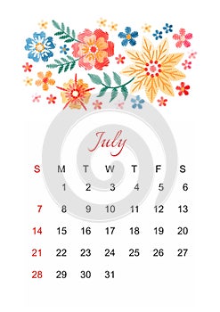 July. Vector calendar template for 2019 year with beautiful composition of embroidery flowers.