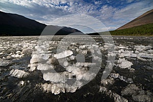 A jumble of ice fragments on the surface of the lake.