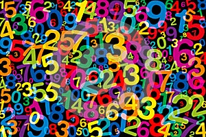 Jumbled colorful numbers, over black