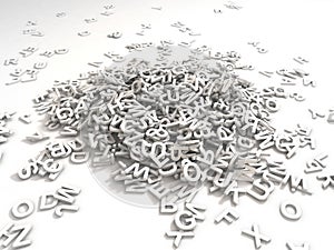 Jumbled pile of 3D illustrated white uppercase letters over a white background G