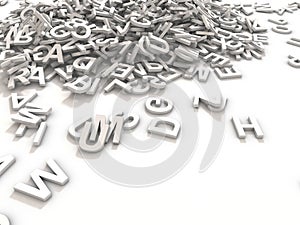 Jumbled pile of 3D illustrated white uppercase letters over a white background H