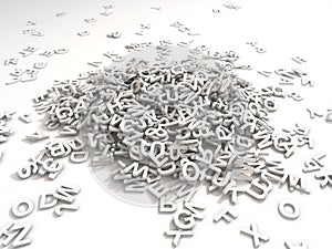 Jumbled pile of 3D illustrated white uppercase letters over a white background G photo