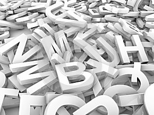 Jumbled pile of 3D illustrated white uppercase letters over a white background B photo