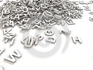 Jumbled pile of 3D illustrated white uppercase letters over a white background H photo