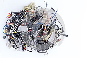 Jumbled pile of electrical cords and connectors