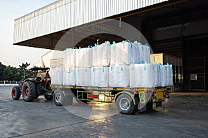 Jumbo bags white colour arranged on the truck Inside rice packaging