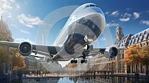 Jumbo jet flying over modern architecture in london, creating a dramatic cityscape view,