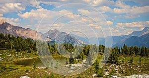 Jumbo Pass hiking trail and tarn, British Columbia, Canada.