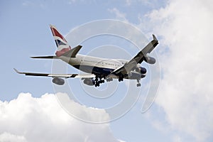 Jumbo 747 passenger jet with landing gear down