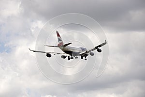 Jumbo 747 passenger jet with landing gear down