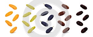 Jumbo raisins in various colors on white background