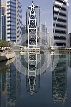 Jumeirah Lake Towers area overview with building reflection on the water