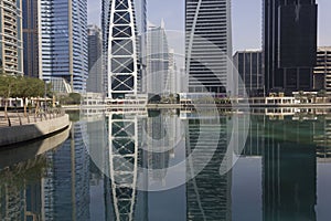 Jumeirah Lake Towers area overview with building reflection on the water