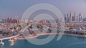 Jumeirah Palm island skyline day to night timelapse in Dubai, UAE.