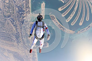 Jump. Free fall in open air. Sky jump like a hobby of extreme people. Flying men make professional jump. Skydiver in