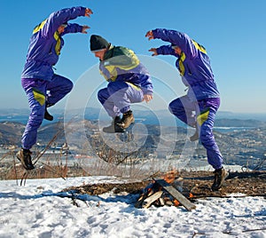 Jump happy man. winter.