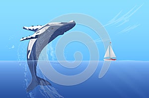 Jump humpback big huge whale near small boat ship yacht. Hidden ocean power.