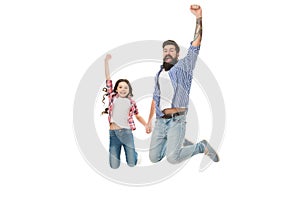 Jump if your father is the best. Happy father and little daughter jumping with joy. Bearded father and small girl child