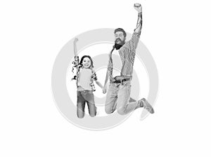 Jump if your father is the best. Happy father and little daughter jumping with joy. Bearded father and small girl child