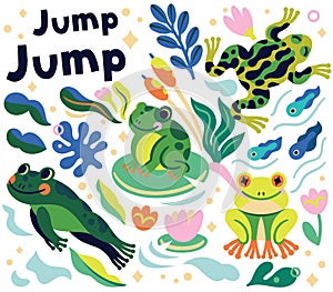 Jump jump. Collection of vibrant cartoon frogs and tadpoles characters are jumping and swimming in the pond