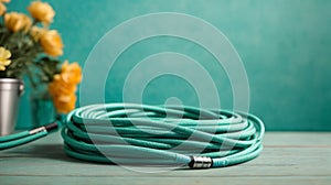 Jump rope close up on turquoise blue background with space for text. Sports