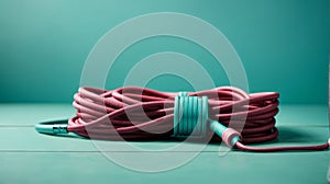 Jump rope close up on turquoise blue background with space for text. Sports