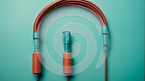 Jump rope close up on turquoise blue background with space for text. Sports