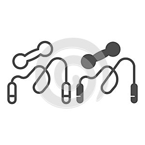 Jump rope and dumbbell line and solid icon, Diet concept, Sports Equipment sign on white background, skipping rope and