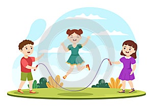 Jump Rope Illustration with Kids Playing Skipping Wear Sportswear in Indoor Fitness Sport Activities Flat Cartoon Hand Drawn