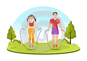 Jump Rope Illustration with People Playing Skipping Wear Sportswear in Indoor Fitness Sport Activities Flat Cartoon Hand Drawn