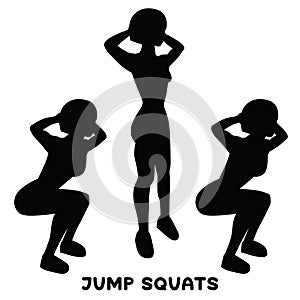 Jump squats. Squat. Sport exersice. Silhouettes of woman doing exercise. Workout, training